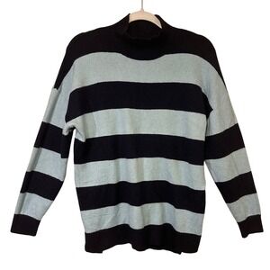LOFT Petite‎ Large Striped Mock Neck Sweater Cotton Blend Light Blue Navy